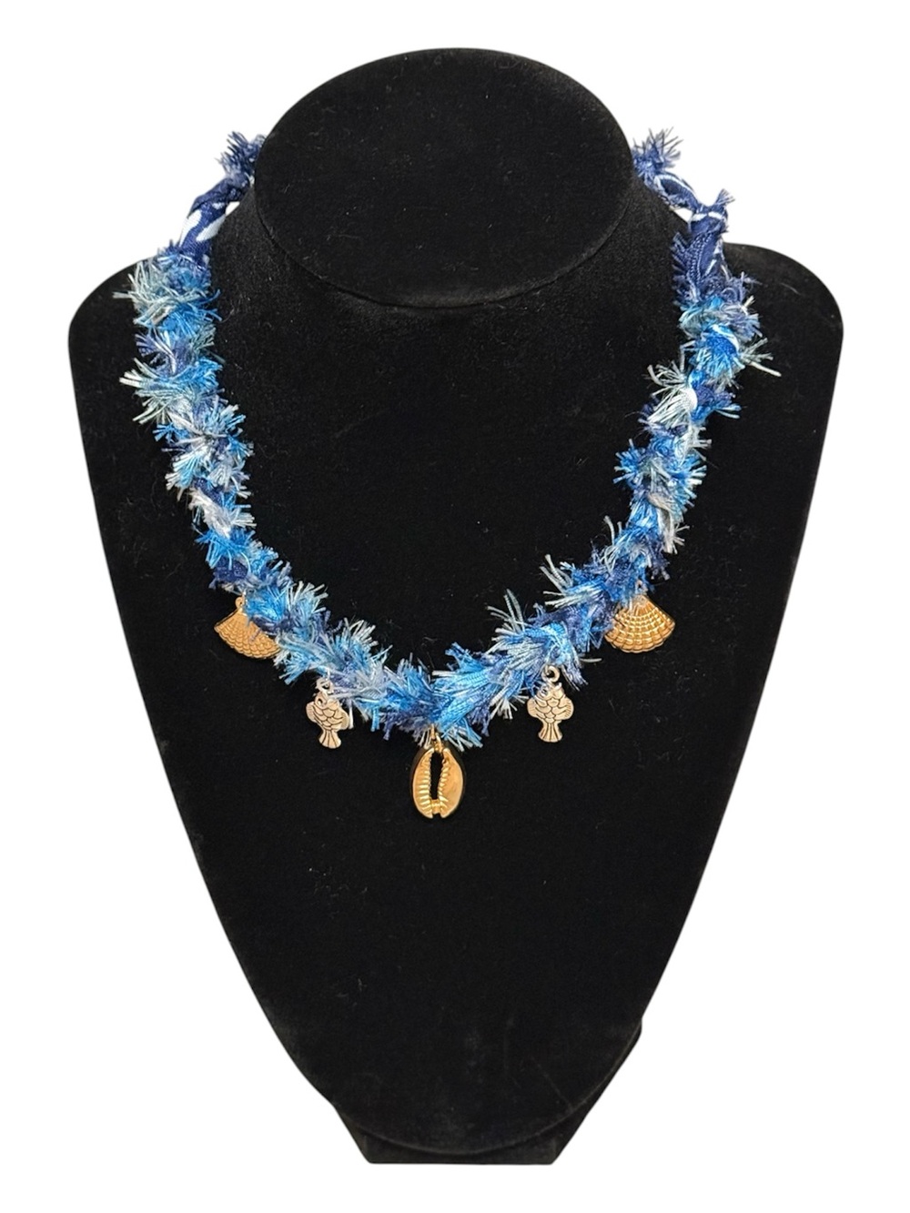 Handmade Blue Bandana Shell Charm Necklace with Gold Accents